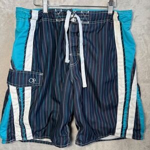 VTG Ocean Pacific Swim Trunks Board Shorts Pockets Blue Stripe Mens Size M 32-34